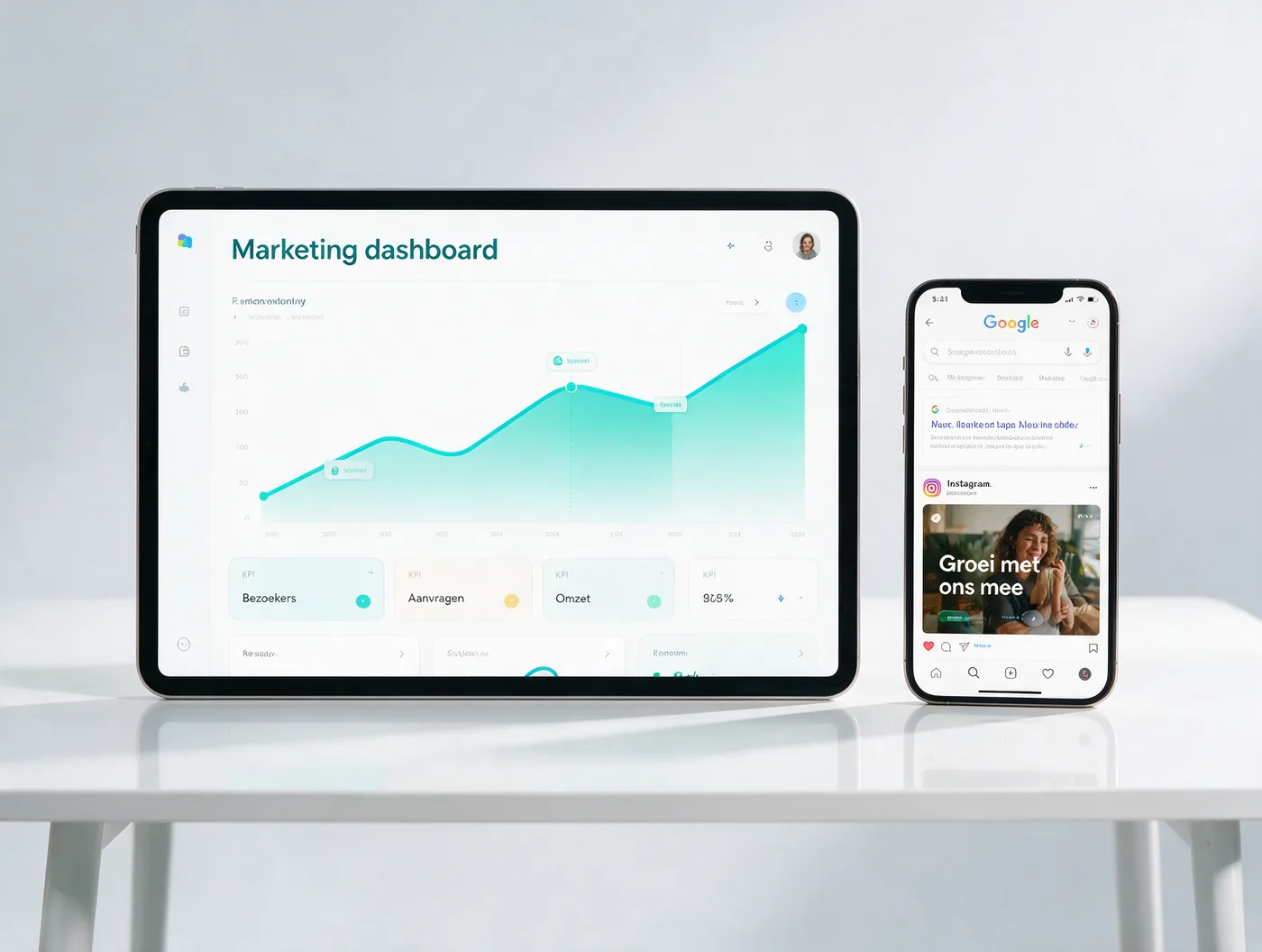 Dashboard met groeiende bezoekers en aanvragen uit SEO en advertenties